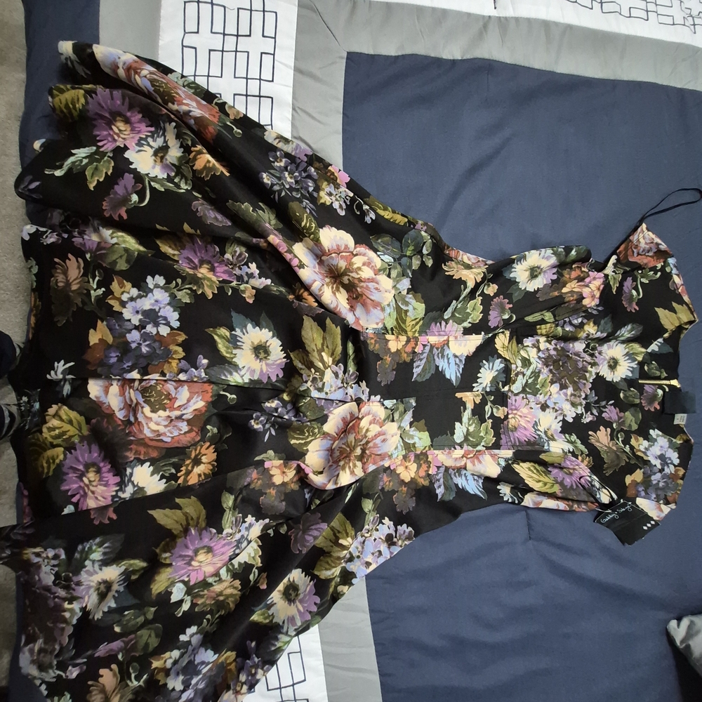 Gabby Skye Asymmetrical Floral Dress in Black and Purple